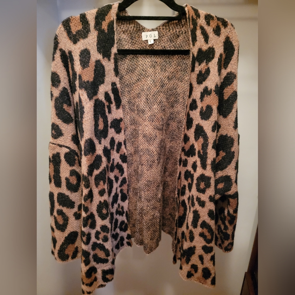 Leopard Print Open Front Women's Sweater Cardigan - Brown/Black - Size Large